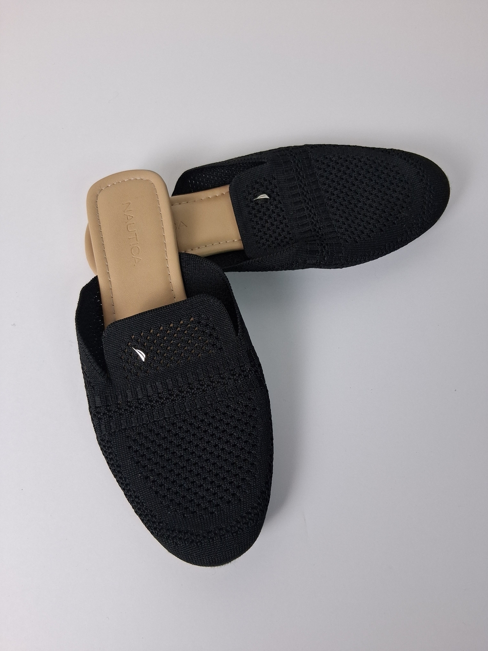 Nautica Black Knit Slip-On Mule Flats Tan Insole Like New